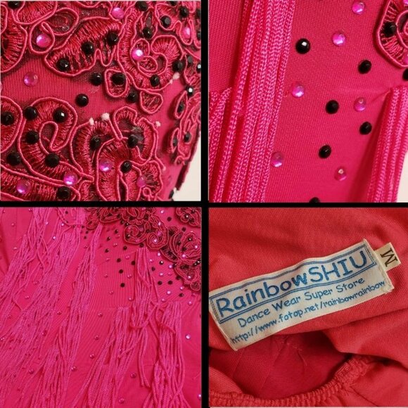 Women's Medium Pink Latin Ballroom Dance Fringe Rhinestone Dress Costume - Picture 8 of 16